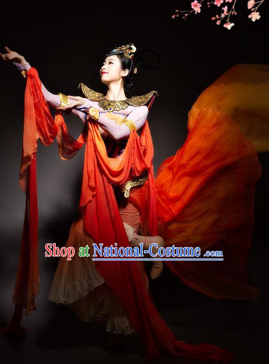 China Flying Apsaras Stage Performance Clothing Woman Classical Dance Red Outfits