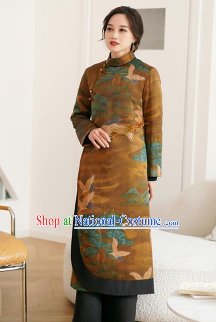 China Winter Tang Suit Outer Garment National Ginger Silk Dust Coat Women Cotton Wadded Coat