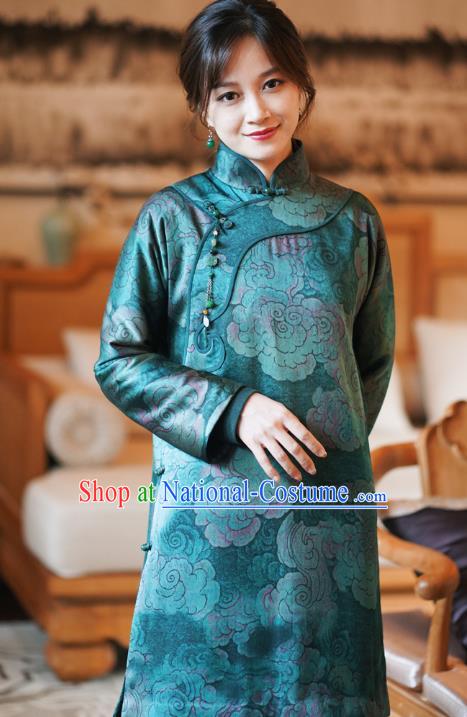 China Classical Clouds Pattern Green Silk Qipao Dress Winter Cheongsam