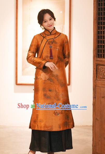 China Classical Lotus Pattern Women Long Coat Tang Suit Outer Garment National Orange Silk Dust Coat