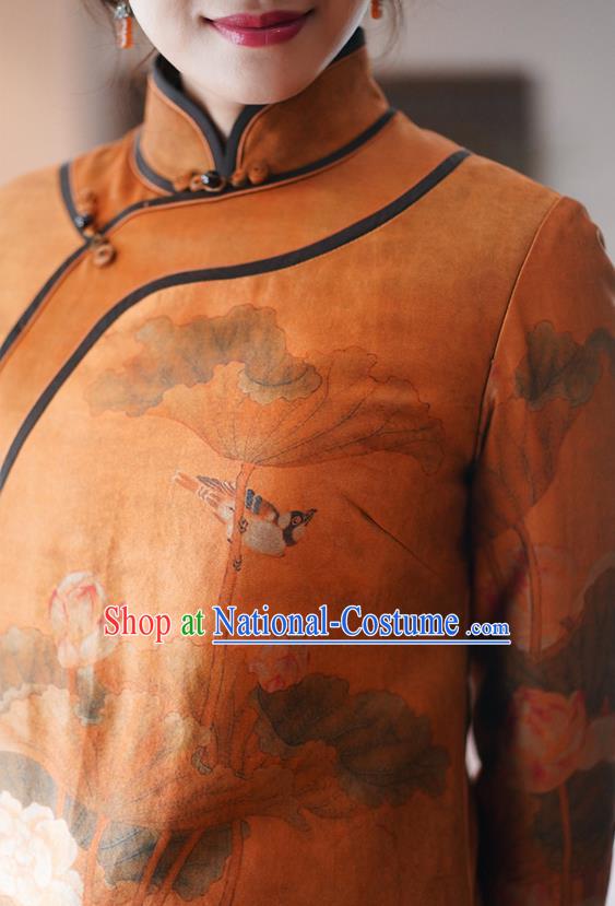 China Classical Lotus Pattern Women Long Coat Tang Suit Outer Garment National Orange Silk Dust Coat