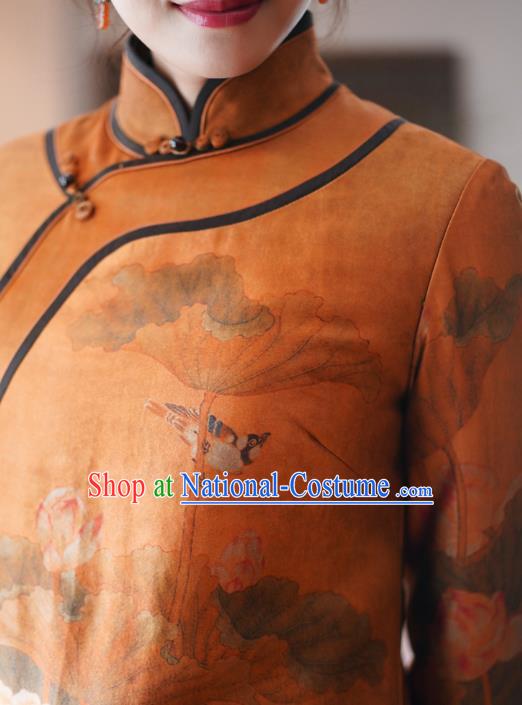 China Classical Lotus Pattern Women Long Coat Tang Suit Outer Garment National Orange Silk Dust Coat