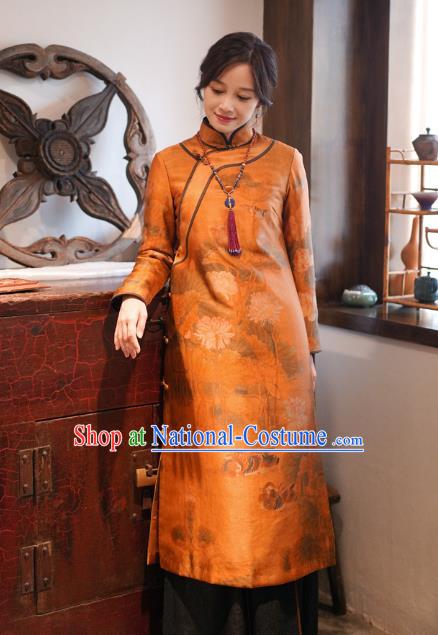 China Classical Lotus Pattern Women Long Coat Tang Suit Outer Garment National Orange Silk Dust Coat