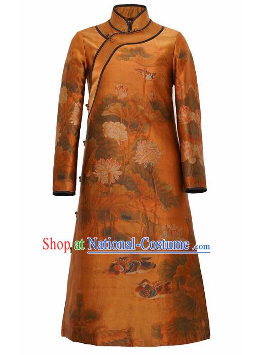 China Classical Lotus Pattern Women Long Coat Tang Suit Outer Garment National Orange Silk Dust Coat