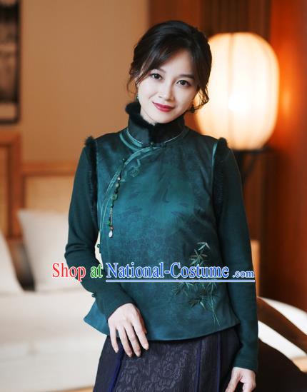 Chinese Classical Embroidered Bamboo Green Silk Vest National Women Tang Suit Waistcoat