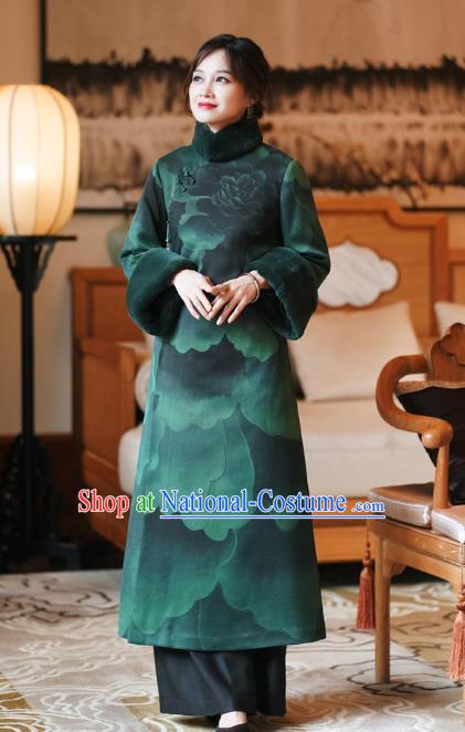 China Tang Suit Cotton Wadded Coat National Green Silk Clothing Classical Women Overcoat