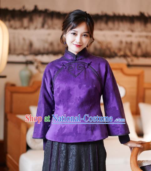 China Classical Peony Butterfly Pattern Purple Silk Jacket Tang Suit Overcoat National Cotton Wadded Coat