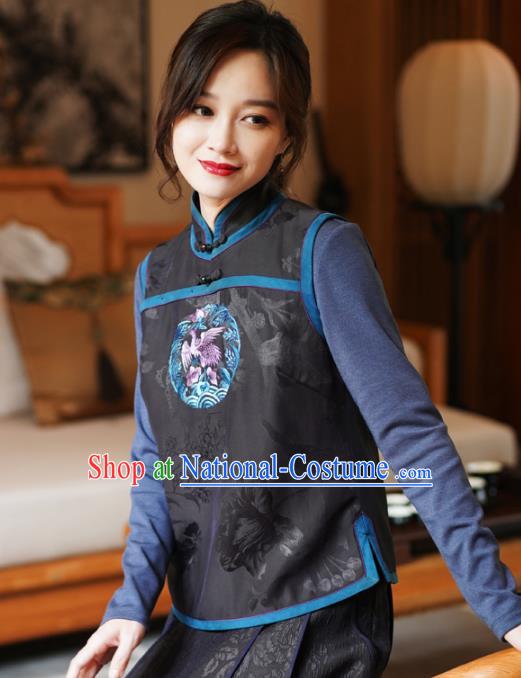 Chinese Classical Embroidered Black Silk Vest National Women Tang Suit Waistcoat Upper Outer Garment