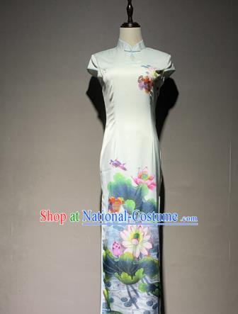 China Classical Printing Lotus Cheongsam Catwalks Stage Performance Costume Qipao Dress