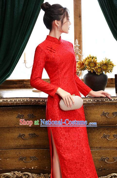 Chinese Classical Wedding Red Lace Qipao Dress Traditional National Costume Bride Cheongsam