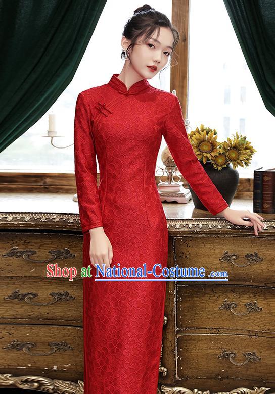 Chinese Traditional National Costume Bride Cheongsam Classical Wedding Dark Red Lace Qipao Dress