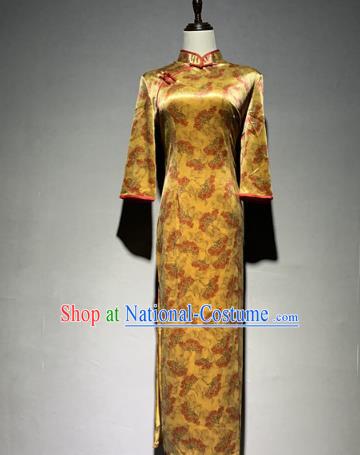 China Golden Brocade Cheongsam Catwalks Stage Performance Costume Classical Dance Qipao Dress