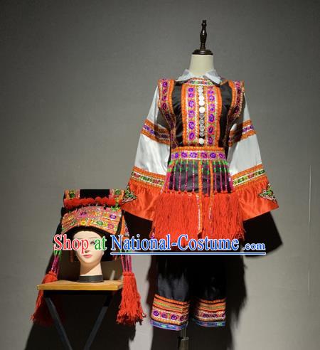 Chinese Yi Nationality Minority Folk Dance Costumes Ethnic Woman Stage Performance Outfits and Headwear