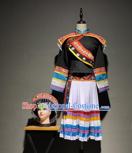 Chinese Hani Nationality Minority Folk Dance Costumes Yunnan Ethnic Woman Outfits and Tassel Hat