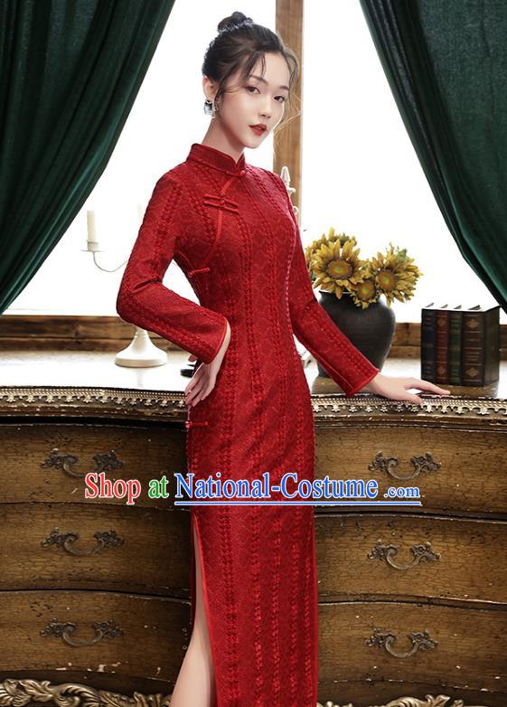 Chinese Classical Wedding Qipao Dress Traditional National Toast Costume Bride Dark Red Cheongsam