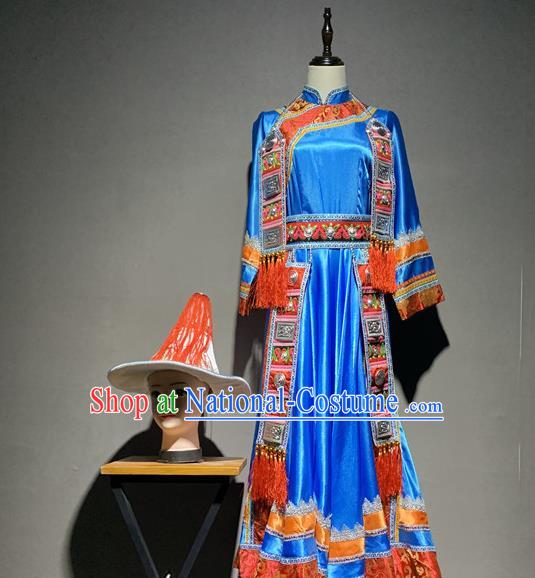 Chinese Yugur Nationality Minority Costumes Yunnan Ethnic Woman Folk Dance Blue Robe and Hat