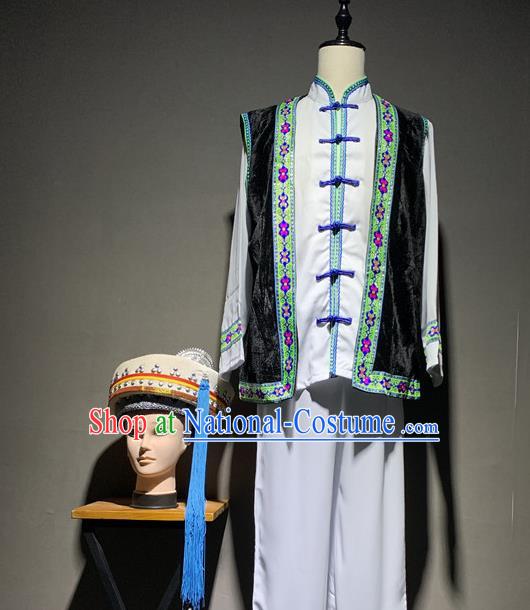 Chinese Dai Nationality Dance Costumes Yunnan Ethnic Minority Folk Dance Clothing and Hat for Men