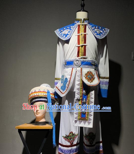 Chinese Bai Nationality Male Dance Costumes Yunnan Ethnic Minority Folk Dance White Outfits Clothing and Hat