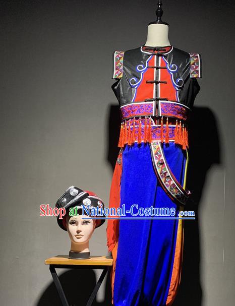 Chinese Zhuang Nationality Dance Costumes Guangxi Ethnic Minority Stage Performance Outfits Clothing and Headwear