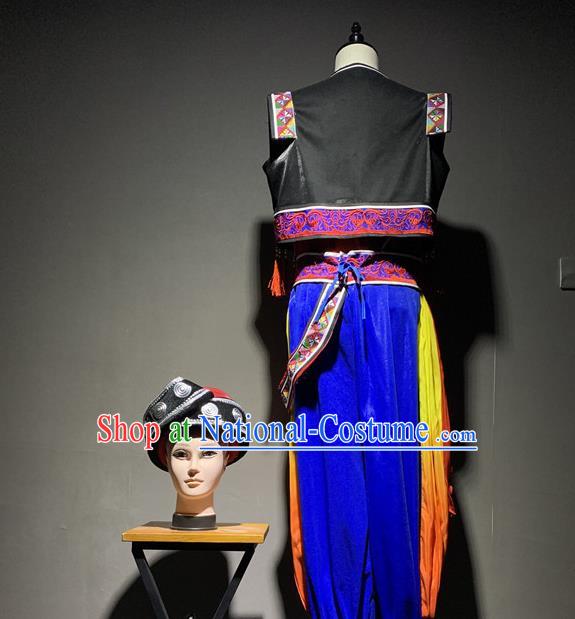 Chinese Zhuang Nationality Dance Costumes Guangxi Ethnic Minority Stage Performance Outfits Clothing and Headwear