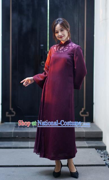 Republic of China Classical Embroidered Qipao Dress National Female Wine Red Silk Cheongsam