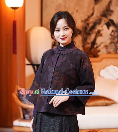 China Classical Orchids Pattern Purple Silk Jacket Tang Suit Overcoat National Women Clothing