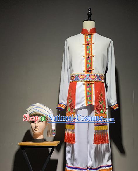 Chinese Bai Nationality Folk Dance Costumes Yunnan Ethnic Minority Bridegroom White Outfits and Hat