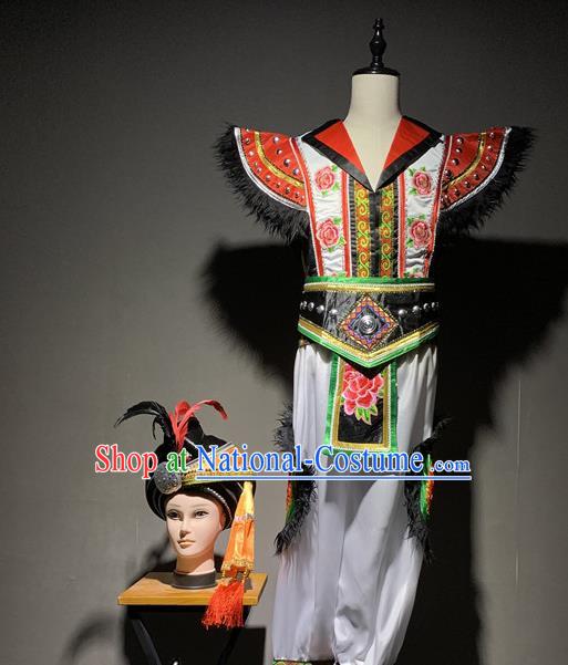 Chinese Miao Nationality Stage Performance Costumes Hmong Ethnic Minority Bridegroom Wedding Outfits and Hat