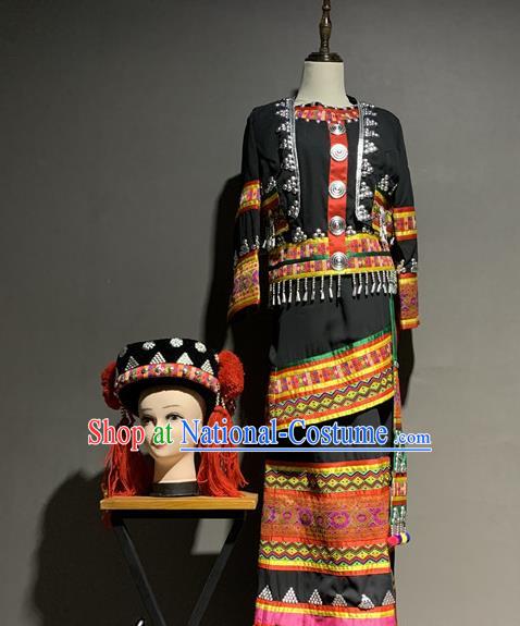 Chinese Tujia Nationality Minority Costumes Ethnic Woman Folk Dance Black Outfits Clothing and Hat