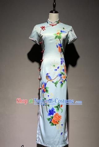 China Classical Dance Qipao Dress Printing Peony Silk Cheongsam Catwalks Stage Performance Costume