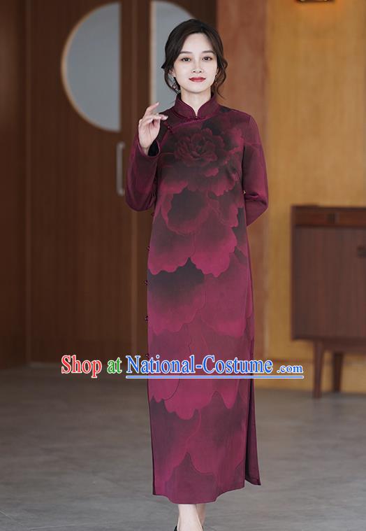 China Classical Peony Pattern Wine Red Silk Cheongsam Costume National Young Women Qipao Dress