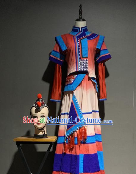 Chinese Yi Nationality Minority Wedding Costumes Ethnic Woman Folk Dance Clothing and Hair Accessories