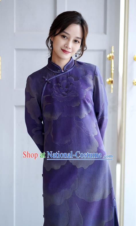 China National Young Women Modern Qipao Dress Classical Peony Pattern Purple Silk Cheongsam Costume