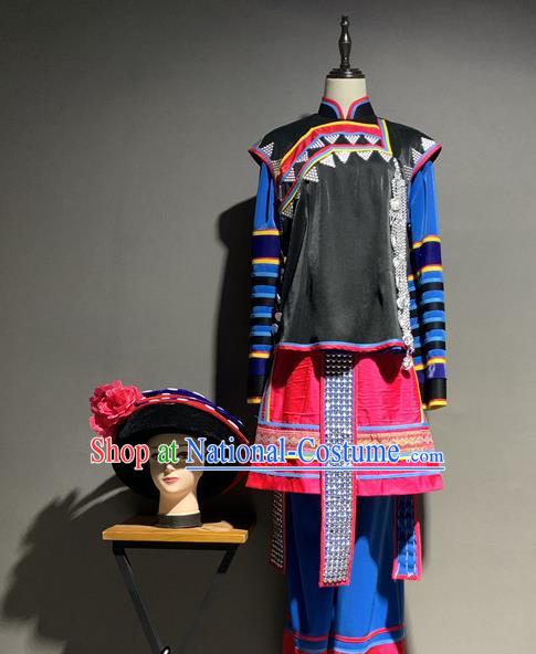 Chinese Sibe Nationality Minority Folk Dance Costumes Ethnic Woman Stage Show Clothing and Hat