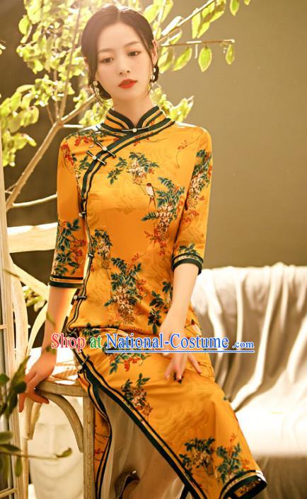 Chinese Classical Golden Silk Qipao Dress Traditional Stage Show Costume Shanghai Young Lady Cheongsam