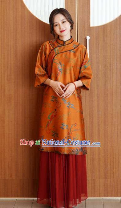 China Tang Suit Overcoat National Women Clothing Classical Goddess Pattern Orange Silk Long Gown