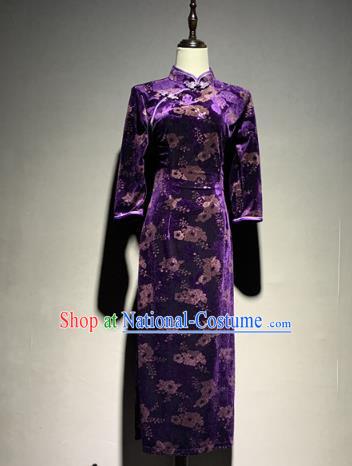 China Shanghai Purple Velvet Qipao Dress Catwalks Stage Performance Costume Mother Cheongsam