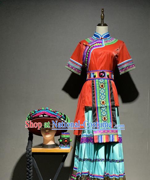 Chinese Pumi Nationality Minority Costumes Yunnan Ethnic Folk Dance Dress Outfits and Headwear