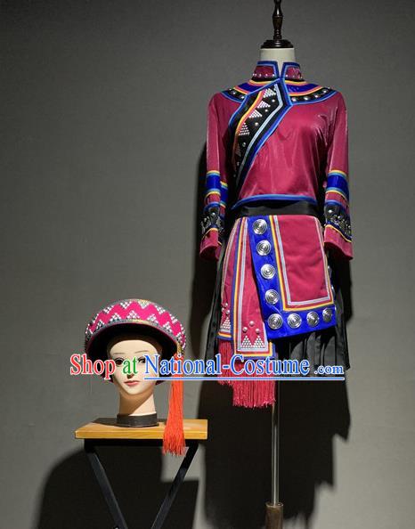 Chinese Tujia Nationality Minority Costumes Xiangxi Ethnic Folk Dance Wine Red Outfits and Headwear