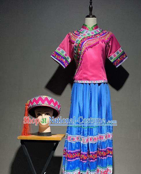 Chinese Yi Nationality Minority Young Lady Costumes Yunnan Ethnic Dance Outfits and Rosy Hat