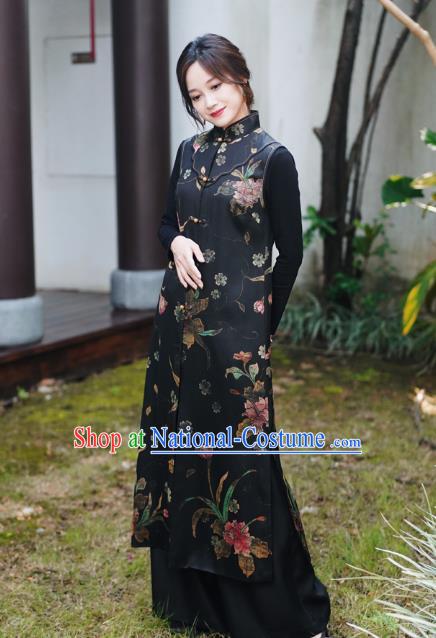 Chinese Classical Hand Painting Peony Black Silk Vest National Women Tang Suit Long Waistcoat