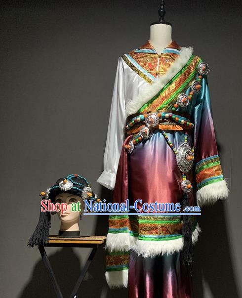 Chinese Zang Nationality Stage Performance Costumes Tibetan Ethnic Minority Male Robe Outfits and Headpiece