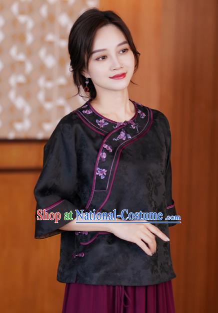 China Classical Embroidered Black Silk Blouse Tang Suit Top Shirt National Women Clothing