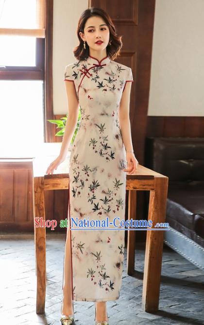 Chinese Traditional Stage Show Costume Classical Dance Cheongsam Classical Printing White Qipao Dress