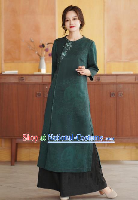 China Tang Suit Overcoat National Women Clothing Classical Embroidered Green Silk Dust Coat