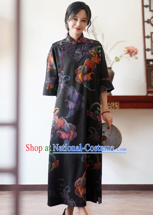 China National Young Women Gambiered Guangdong Gauze Long Qipao Dress Classical Phoenix Pattern Black Silk Cheongsam