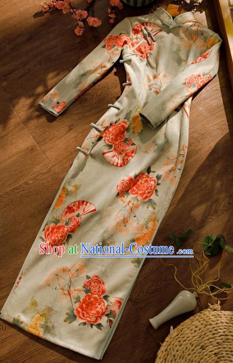 Chinese Traditional Young Beauty Cheongsam Clothing Classical Printing Peony Light Green Qipao Dress