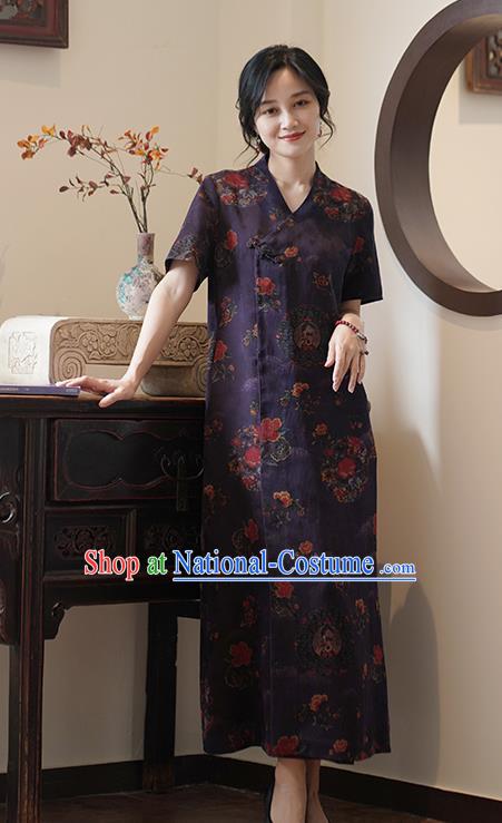 China Classical Purple Silk Cheongsam Dress National Slant Opening Long Qipao