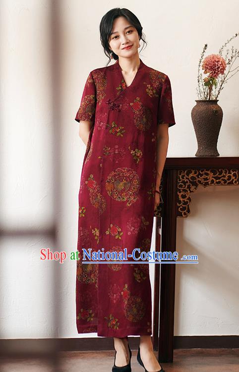 China National Slant Opening Long Qipao Costume Classical Red Silk Cheongsam Dress