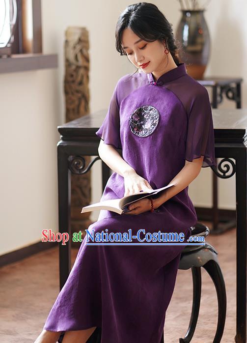 China Classical Embroidered Purple Silk Cheongsam Dress National Stand Collar Qipao Costume